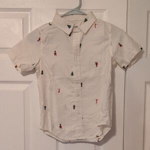 Cat & Jack Cream Embroidered Christmas Button Down Shirt Short Sleeve